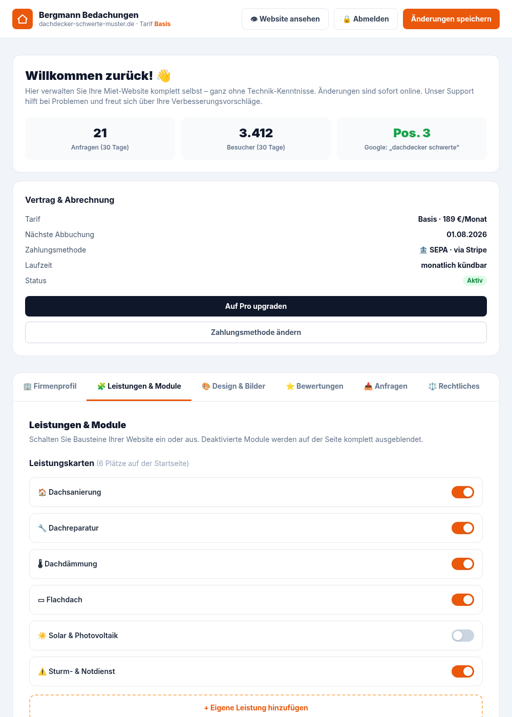 Dashboard – Leistungen und Module