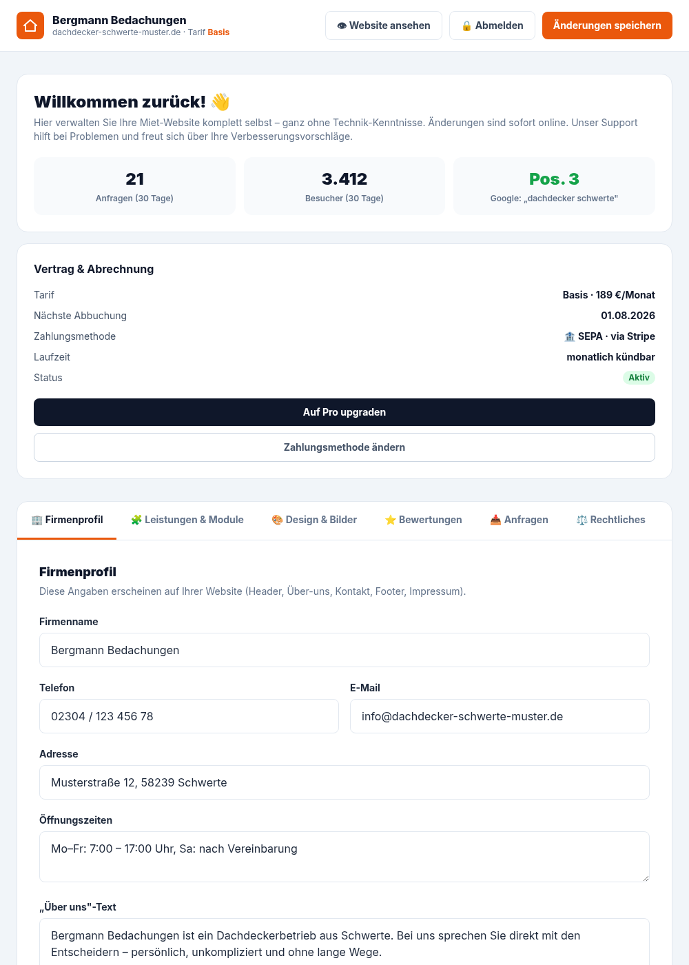 Dashboard – Firmenprofil bearbeiten