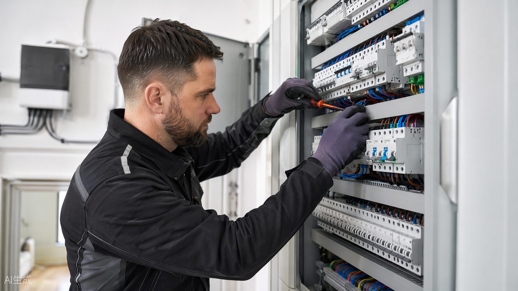 Elektriker bei der Arbeit an einem modernen Sicherungskasten