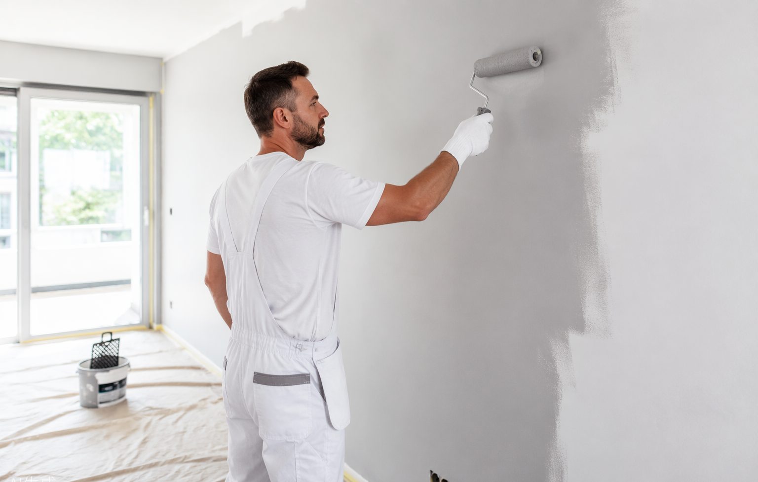 Maler streicht eine Wand mit der Farbrolle