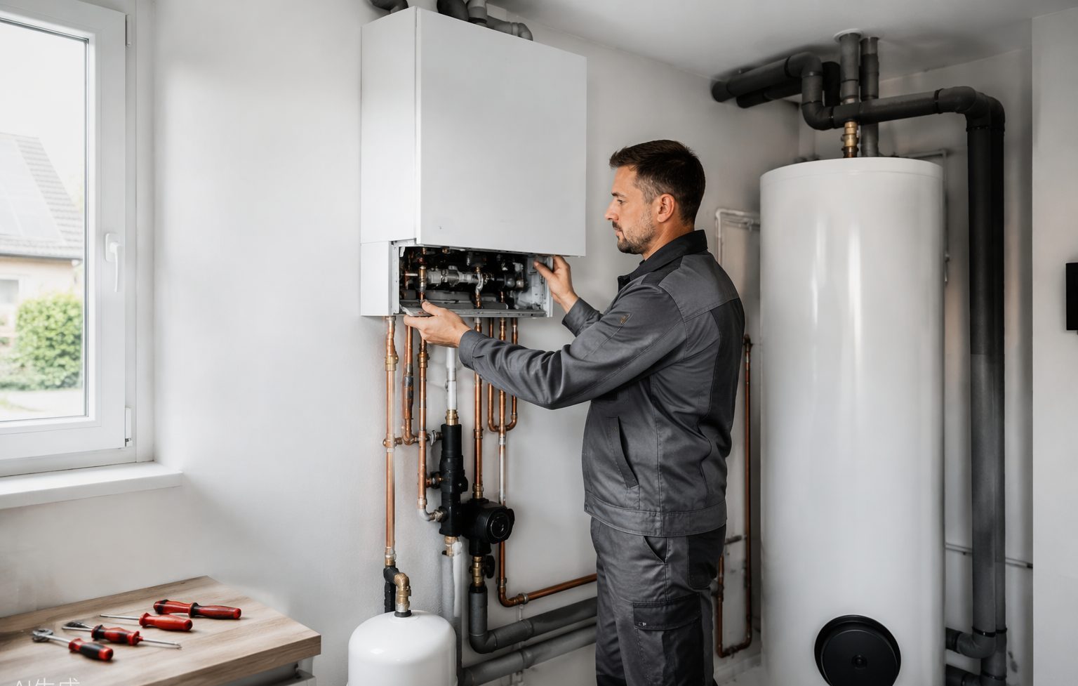 Heizungsbauer installiert eine moderne Wärmepumpe