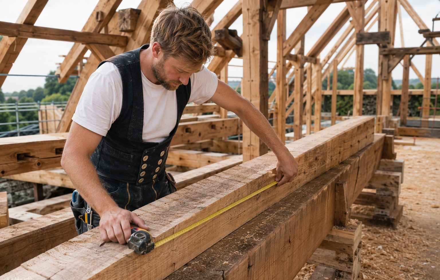 Zimmerer vermisst einen Balken auf einer Holzbaustelle