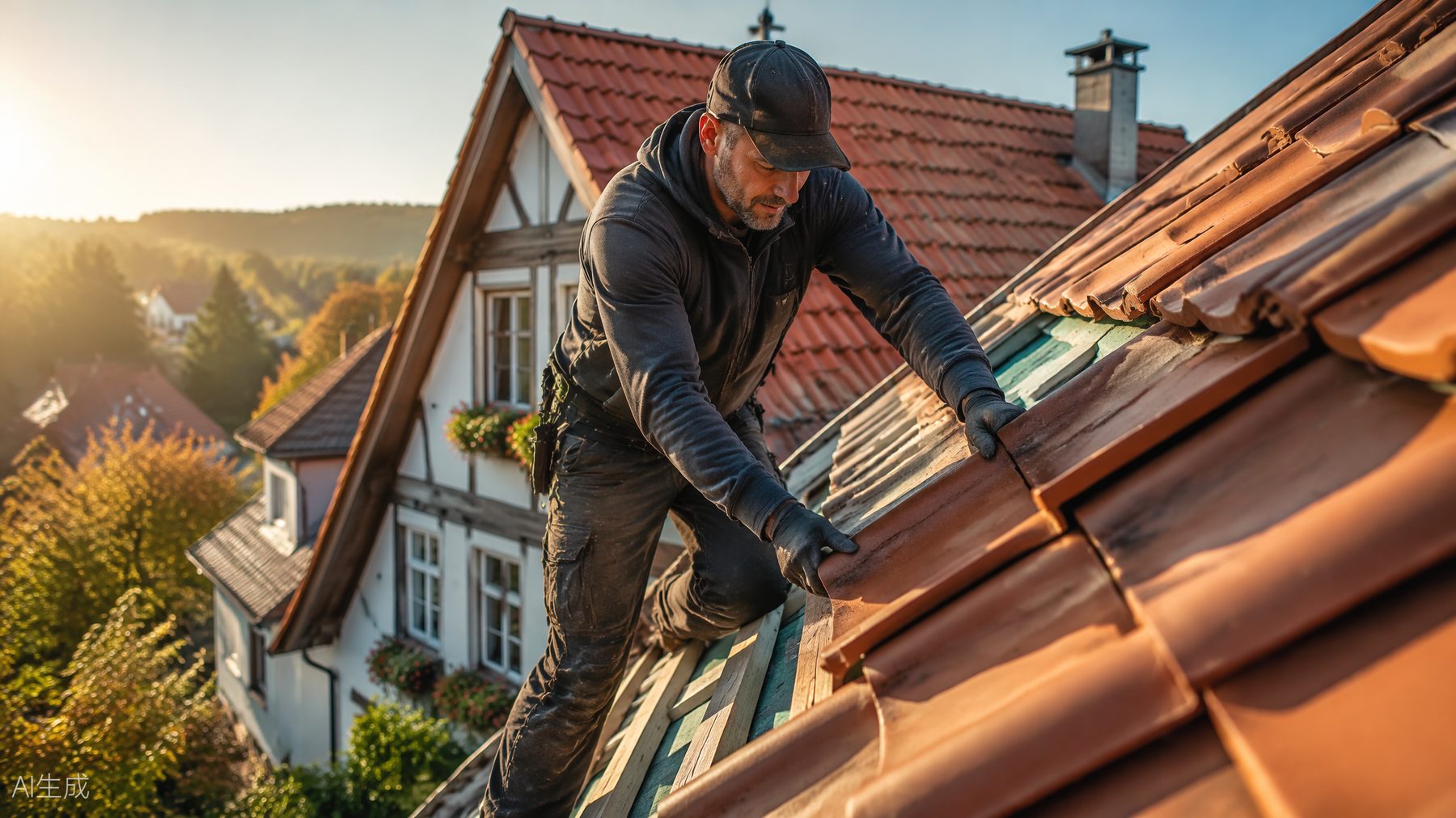 Dachdecker bei der Arbeit auf einem Ziegeldach