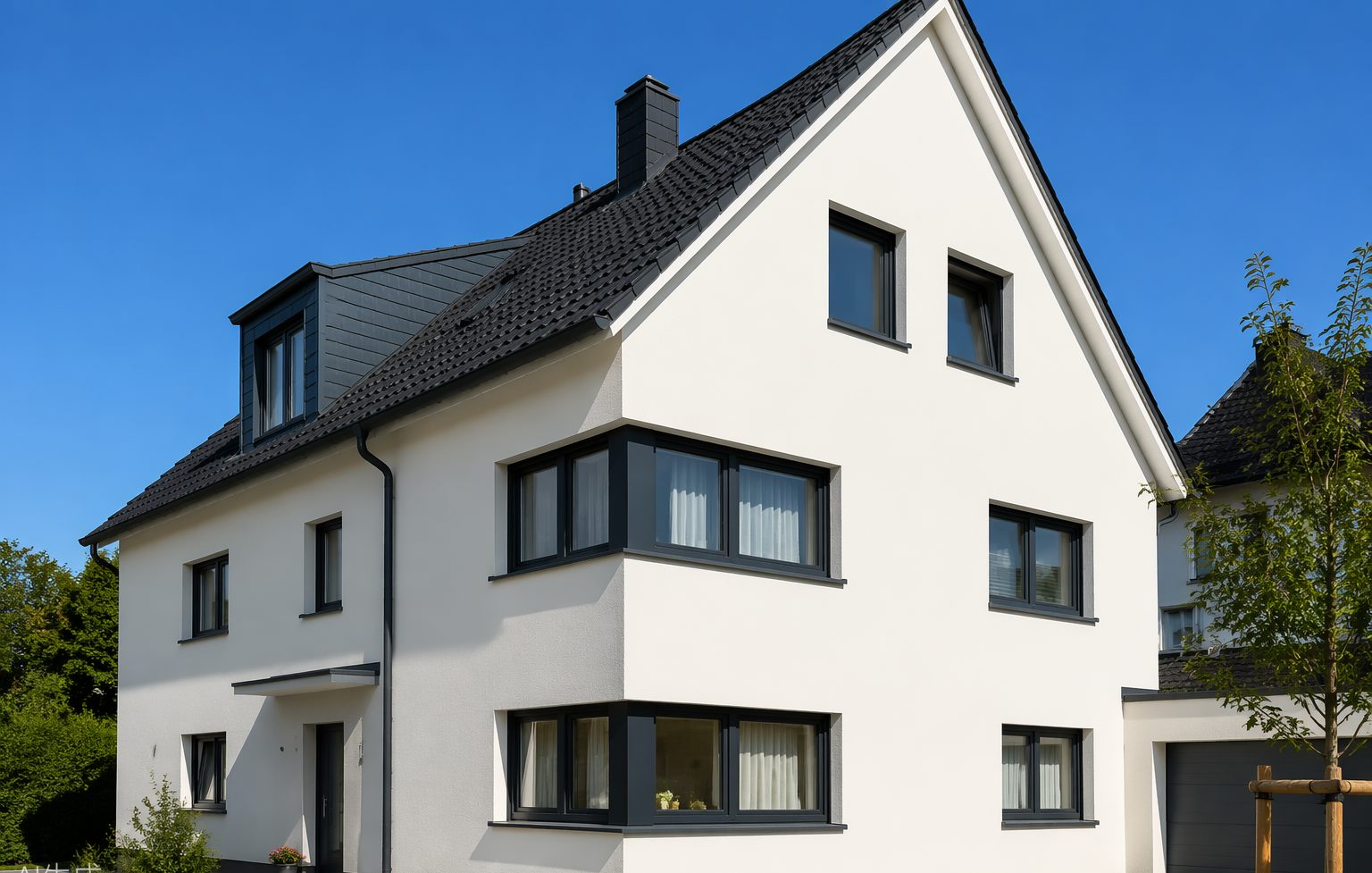 Frisch gestrichene Fassade eines Einfamilienhauses