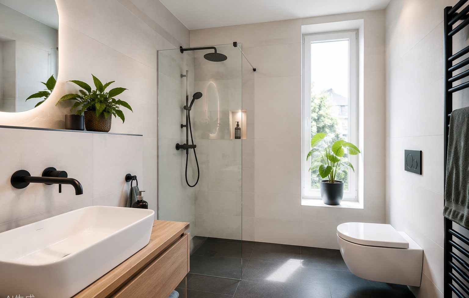 Modern saniertes Badezimmer mit bodengleicher Dusche