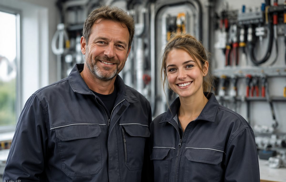 Zwei Elektriker vor ihrem Arbeitsmaterial