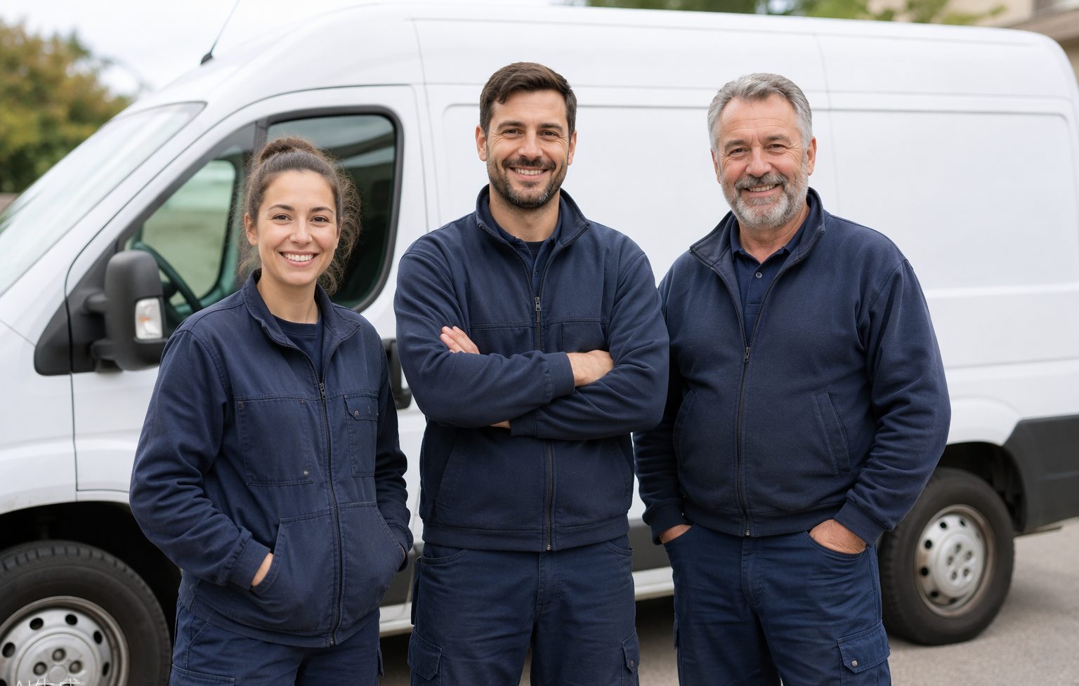 Team des SHK-Betriebs vor dem Servicefahrzeug